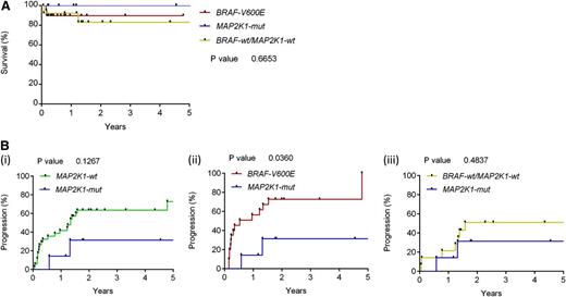 Figure 5. OS and disease progression of LCH patients in this series by tumor genotype. (A) Kaplan-Meier analysis of overall survival stratified by presence of BRAFV600E, MAP2K1 mutation, or neither mutation (P < .66). (B) Percentage with progression or recurrence: MAP2K1-wt vs MAP2K1-mut, P < .1267 (i); BRAFV600E vs MAP2K1-mut, P < .0360 (ii); and BRAF-wt/MAP2K1-wt vs MAP2K1-mut, P < .4837 (iii).