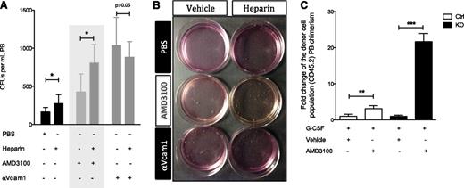 Figure 6. Pharmacological competitive inhibition of heparan sulfate modulates Vcam1-dependent adhesion. (A-B) Vcam1 inhibition abrogates heparin-induced mobilization. (A) PB circulating progenitor cells measured by CFU assay in animals receiving vehicle, AMD3100, or Vcam1 neutralizing antibody alone or in combination with heparin. Gray shadowed area is intended to highlight the fact that coadministration of heparin enhances AMD3100-induced mobilization. (B) Representative image of the CFU assay quantified in A. (C) Relative PB reconstitution, 16 weeks after transplantation, of recipient CD45.1 mice transfused with PB from Ext1 control or mutant mice (CD45.2) receiving G-CSF alone or in combination with AMD3100. Recipient mice were lethally irradiated and received CD45.1 cells for radioprotection. Data are representative of at least 2 independent experiments; n = 5 to 8 mice per genotype per experiment. In mobilization experiments, PB was collected from at least 5 mice per experimental group. Data are represented as mean ± SD or median ± interquartile range. *P < .05; **P < .01; ***P < .001.