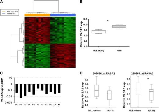 Figure 4. Hoxa genes and RASA2 are differentially expressed between t(6;11) patients and HBM cells. (A) Hierarchical clustering analysis of 11 patients with t(6;11) (blue) and 11 healthy bone marrow (orange). (B) Box-plot of RASA2 probe sets in t(6;11)-patients (white) vs HBM (gray) samples generated using Partek Genomic Suite Software 6.6. Expression values are indicated in the boxes as the median of each group. Y-axis probe set expression values in log2 scale. (C) Histogram confirmed the decreased messenger RNA levels of RASA2 by qRT-PCR (ΔΔCt method) in 11 MLL-AF6 rearranged patients. Results are calibrated to the 11 HBM (RQ = 1). (D) Box-plot of RASA2 probe sets in t(6;11)-patients vs MLL-other leukemic samples generated using Partek Genomic Suite Software. Expression values are indicated in the boxes as the median of each group. Y-axis probe set expression values in log2 scale. *P < .05.