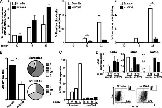 Figure 6. HOXA9 silencing abrogates hematopoietic differentiation of hESC. (A) Hematopoietic differentiation of hESCs transduced with an irrelevant short hairpin RNA sequence (scramble) or 3 different short hairpin RNA specific sequences for HOXA9 (shHOXA9). (B) CFU read out from day 15 EBs confirming greater than a twofold decrease of hematopoietic progenitor potential in short hairpin (shHOXA9) cells. Scoring of CFUs revealed a skewed differentiation toward erythroid lineage in shHOXA9 progenitors. (C) Quantitative reverse-transcription polymerase chain reaction analysis showing a highly reduced HOXA9 expression throughout the differentiation in shHOXA9 EBs. Data represent mean ± SEM for 3 independent experiments. (D) Quantitative reverse-transcription polymerase chain reaction showing the expression of the pluripotency factors OCT4, SOX2, and NANOG in scramble- and shHOXA9-hEBs after 15 days of hematopoietic differentiation (upper panel). Flow cytometry confirming that shHOXA9-EBs are composed by OCT4+ cells after 15 days of hematopoietic differentiation (lower panel). mRNA, messenger RNA.