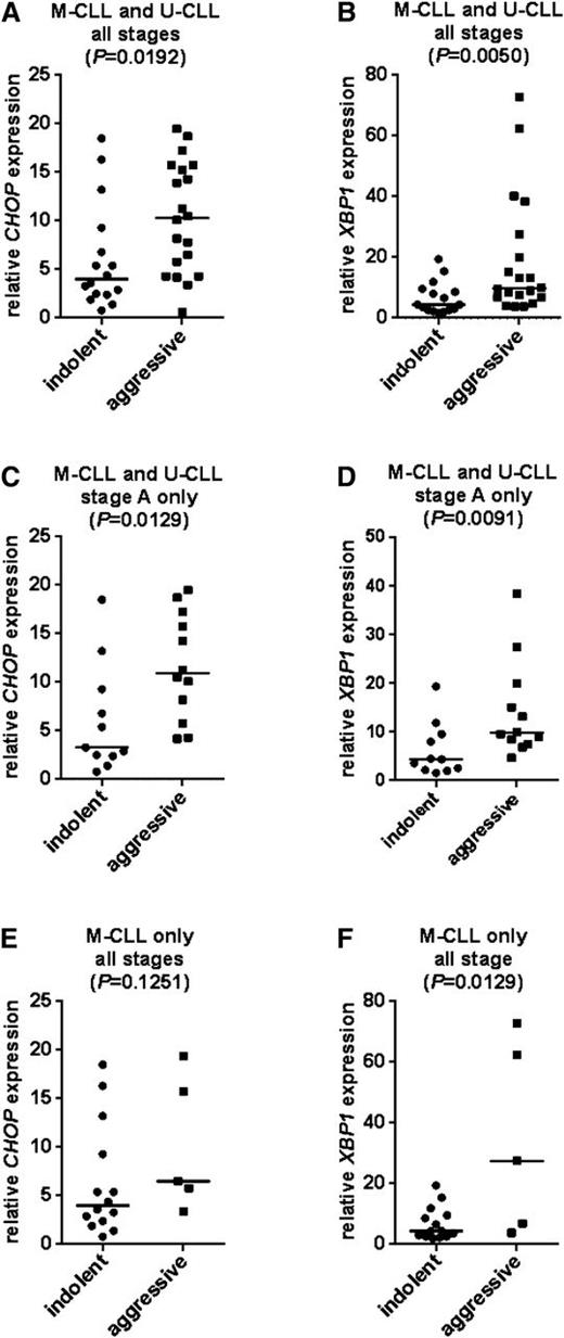 Figure 3. Correlations between CHOP and XBP1 RNA expression and clinical behavior. Correlations between basal CHOP and XBP1 RNA expression and indolent/aggressive disease for (A-B) all CLL/all stages (n = 31), (C-D) stage A (M-CLL and U-CLL combined; n = 23), and (E-F) M-CLL (all stages; (n = 19). The statistical significance of differences was analyzed using Mann-Whitney test.