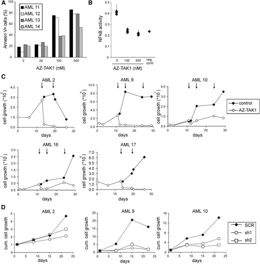 Figure 4. Targeting of TAK1 impairs expansion of primary AML CD34+ cells. (A) Primary AML CD34+ cells were incubated with various concentrations of AZ-TAK1 for 24 hours and cell death was quantified by annexin V staining. (B) NF-κB activity of primary AML CD34+ cells treated with 100 nM AZ-TAK1. NF-κB activity was measured by p65 DNA binding enzyme-linked immunosorbent assay. (C) Growth of primary AML CD34+ cells treated with 100 nM AZ-TAK1. AZ-TAK1 was added after initial growth was observed and added at the indicated time points (↓). (D) Growth of primary AML CD34+ cells transduced with hairpins targeting TAK1 or control hairpins.