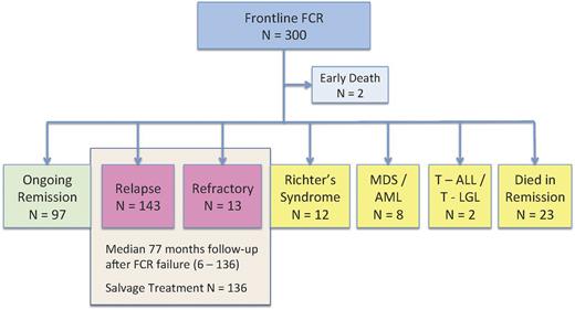 Figure 1. Flow diagram of 300 patients with CLL receiving frontline chemotherapy with FCR. The present analysis focuses on the outcome of 156 patients with relapsed (n = 143) or refractory (n = 13) disease. MDS, myelodysplastic syndrome; AML, acute myeloid leukemia; T-ALL, T-cell acute lymphoblastic leukemia; T-LGL, T-cell large granular lymphocytic leukemia.