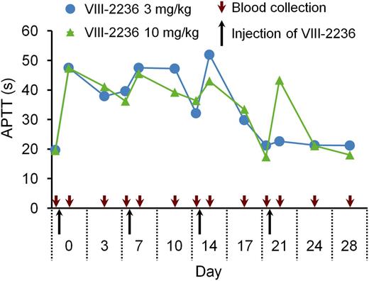 Figure 1. Change in APTT after weekly IV injection of the mouse anti-primate FVIII neutralizing antibody VIII-2236 in cynomolgus monkeys. VIII-2236 was injected at 3 or 10 mg/kg IV doses to cynomolgus monkeys on days 0, 7, 14, and 21. Citrated blood was collected on days 0, 3, 7, 10, 14, 17, 21, 24, and 28 (before and 2 hours after VIII-2236 injection on days 0, 7, 14, and 21). The time course of APTT is shown for each monkey.