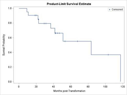 Figure:. Kaplan-Meier estimate of OS after HT in pts receiving RIT after chemoimmunotherapy (n=21)