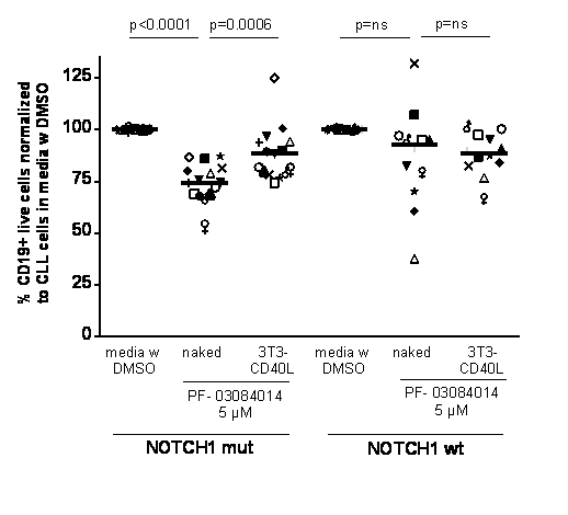 Figure A. GSI-induced apoptosis in NOTCH1 mut vs. wt CLL cells at 48 h. CLL cells naked or in co culture with 3T3-CD40L cells +/- 5 µM PF-03084014. Survival was assessed by CD19 and Annexin V/PI staining.