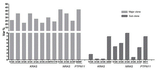 Figure 1. Backtracking of RAS pathway mutations by ultra-deep sequencing. A total of 22 mutations (out of 28) were detected in matched diagnosis samples. The 12 mutations (solid grey) determined by Sanger sequencing were detected at high mutant allele frequency ranging from 22% to 42%. Ten mutations (diagonally striped) were missed by Sanger sequencing but detected by ultra-deep sequencing. These mutations showed a low mutant allele frequency varying from 0.3% to 8%.