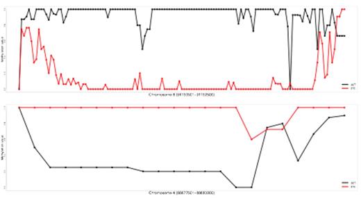 Figure1. Examples of differentially methylated regions. Black=WT cells. Red=PML-RARA expressing cells. Each CpG in the region is represented as a dot. Scale is 0-100% methylated at each position. Top panel: a region on chromosome 8 that is hypomethylated in PML-RARA expressing promyelocytes. Bottom panel: a region on chromosome 4 that is hypermethylated in PML-RARA expressing promyelocytes.