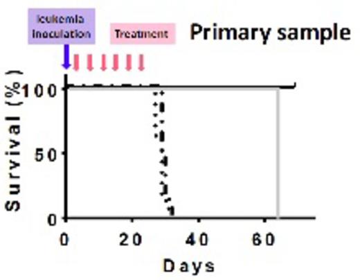 Treatments and outcome of the animals. Dash-dots: PBS, dots: MXD3 ASO and aCD22 Ab unconjugated, gray solid: aCD22 Ab-ASO conjugates at 0.2mg of Ab/kg/dose, and black solid: aCD22 Ab-ASO conjugates at 1mg of Ab/kg/dose