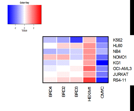 Figure 1:. Heatmap of gene expression after exposure to 500 nM OTX015 for 24 or 48h in AML and ALL cell lines. Repression in blue. Overexpression in red.