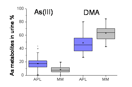 Figure 1. Main active compound (AsIII) and main excretion ATO metabolite (DMA) in urine of APL and MM patients.