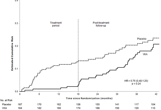 Figure 1. Cumulative risk of the composite outcome (recurrent VTE or major bleeding) over the entire study period