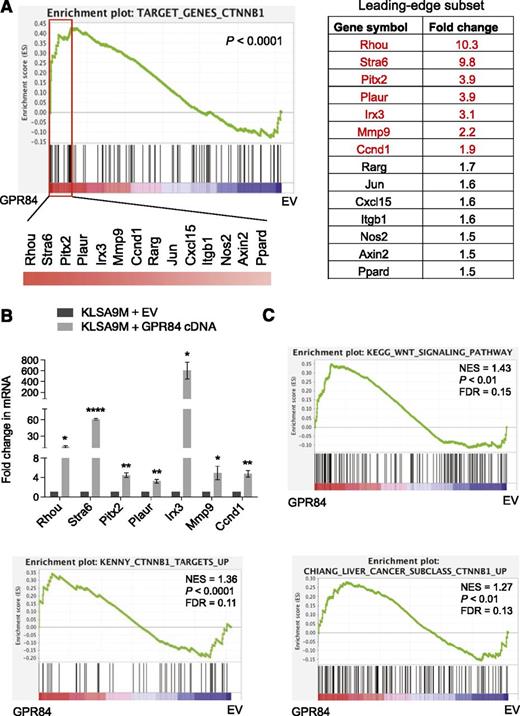 Figure 7. GSEA of our array data reveals GPR84-mediated enrichment of gene expression signatures for Wnt/β-catenin signaling. (A) The plot of β-catenin (CTNNB1) target GSEA22 for GPR84-overexpressing KLSA9M pre-LSCs. Normalized gene expression data were used for GSEA (http://www.broad.mit.edu/gsea). The green curve of the plot showing the running enrichment score (ES) for the TARGET_GENES_CTNNB1 gene set, which was generated using Wnt/β-catenin target genes identified in various tumors38-42 and normal tissues43-45 (listed at http://www.stanford.edu/group/nusselab/cgi-bin/wnt/target_genes). The rectangle indicating the “leading edge” subset (a subgroup of the “most upregulated” genes by GPR84 overexpression) in their ranked order. The list on the right shows the top 14 genes in the leading edge subset. (B) Real time RT-PCR (N = 3) confirmed the expression of the top 7 genes in EV or GPR84-overexpressing KLSA9M pre-LSCs. *P < .05, **P < .01, ****P < .0001. (C) Enrichment plots for statistically significant gene sets identified by GSEA from the molecular signature database (MSigDB)46 exhibiting upregulation of Wnt-associated gene signatures upon GPR84 overexpression. False discovery rate (FDR) gives the estimated probability that a gene set with a given normalized ES (NES) represents a false-positive finding; FDR <0.25 is a widely accepted cutoff for the identification of biologically significant gene sets.22