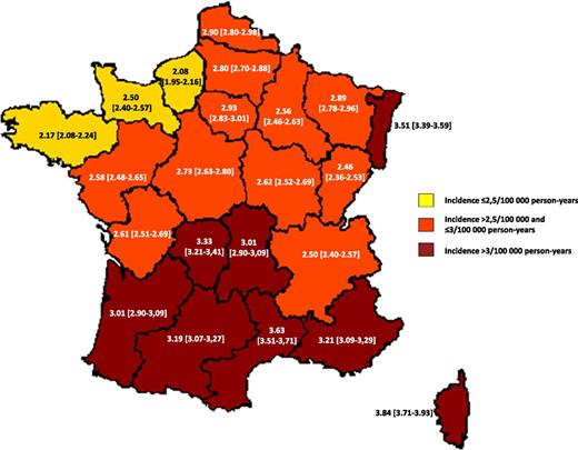 Figure 4. Age- and gender-standardized incidence of ITP across administrative regions in mainland France. Direct standardization was made by age (by 10-year intervals) and gender in the general population in France.