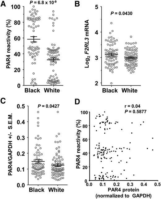 Figure 1. SNPs in F2RL3 associate with PAR4 reactivity. (A) PAR4 ARS values of PRAX1 subjects by self-identified race. P = 6.8 × 10−9, 2-tailed t test. (B) Microarray analysis of F2RL3 gene expression. Values are normalized and log2 transformed. P = 0.043, 2-tailed t test. (C) PAR4 protein levels normalized to GAPDH. P = .0427, 1-tailed t test. (D) Correlation analysis of platelet PAR4 reactivity with PAR4 protein expression level.