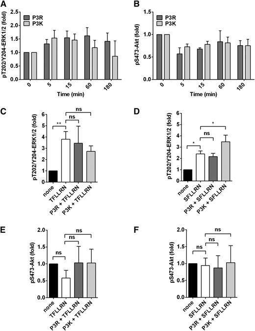 Figure 5. Modulation of PAR1-dependent ERK1/2 signaling by PAR3 in endothelial cells. Phosphorylation of Thr202/Tyr204-ERK1/2 and Ser473-Akt by P3R (residues 42-54) and P3K (residues 39-54) was determined in the absence and presence of TRAP-peptides TFLLRN or SFLLRN. (A) Time-dependent ERK1/2 phosphorylation by P3R (50 µM) and P3K (50 µM). (B) Phosphorylation of Akt by P3R (50 µM) and P3K (50 µM) over time. (C-D) ERK1/2 phosphorylation at 15 minutes induced by TFLLRN (25 µM) (C) or SFLLRN (25 µM) (D) after pretreatment (1 hour) with P3R (50 µM) or P3K (50 µM). (E, F) Akt phosphorylation at 15 minutes induced by TFLLRN (25 µM) (E) or SFLLRN (25 µM) (F) after pretreatment (1 hour) with P3R (50 µM) or P3K (50 µM). (A-F) Data points represent mean ± SD of at least 3 independent experiments. *P < .05; **P < .01. ns, not significant.