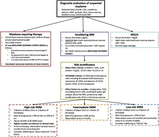 Figure 2. Proposed guidelines of follow-up and management of SMM. Patients suspected to have MM should first be defined as having MGUS, SMM, or myeloma requiring therapy. This includes the new classification of patients with MDE. For patients with SMM, these should then be stratified based on the Mayo Clinic criteria or PETHEMA criteria as having low-risk, intermediate-risk, or high-risk SMM. For high-risk SMM, we would highly recommend clinical trials or very close observation if not enrolled in a trial. We would consider redefining these patients in the future as early myeloma. For low-risk SMM, we would recommend less frequent monitoring if clinically stable and consider redefining these patients as MGUS-like. CRAB is defined as hypercalcemia (serum calcium ≥11.5 mg/dL), renal failure (defined by creatinine ≥1.95 with no other etiology), anemia (hemoglobin ≤10 g/dL or >2 g/dL below the lower limit of normal), or skeletal lesions (lytic lesions by skeletal survey, osteoporosis with pathologic fractures, or cord compression).