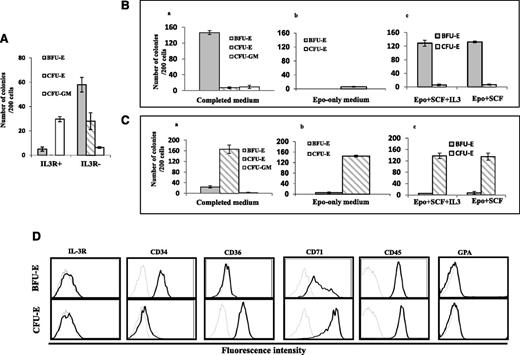 Figure 2. Isolation of BFU-E and CFU-E cells by cell-sorting using CD34, CD36, and IL-3R as markers. (A) Colony forming ability of the sorted IL-3R+ and IL3R− cells. (B) Colony forming ability of the sorted IL-3R−CD34+CD36− in complete medium, EPO-only medium, and EPO+SCF+IL3 or EPO+SCF medium. (C) Colony forming ability of the sorted IL-3R−CD34−CD36+ cells in complete medium, EPO-only medium, and EPO+SCF+IL3 or EPO+SCF medium. (D) Expression of surface markers of sorted IL-3R−CD34+CD36− and IL-3R−CD34−CD36+ cells. The surface expression of indicated proteins was measured by flow cytometry. The representative profiles are shown. Gray line: autofluorescence control from unstained cells; black line: fluorescence from cells stained with indicated antibody. Results from 3 independent experiments are shown.