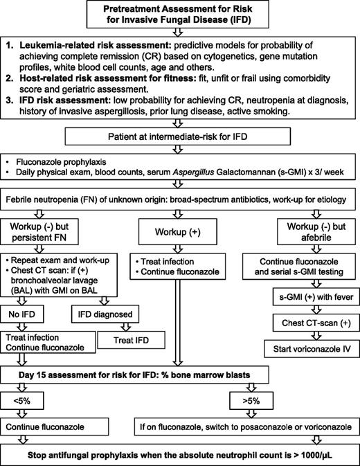 Figure 1. Risk-adapted antifungal strategy. Strategy based on pretreatment and day-15 posttreatment parameters for risk for IFDs in patients with AML undergoing remission-induction therapy. Example shown is for patients at intermediate risk for IFDs.