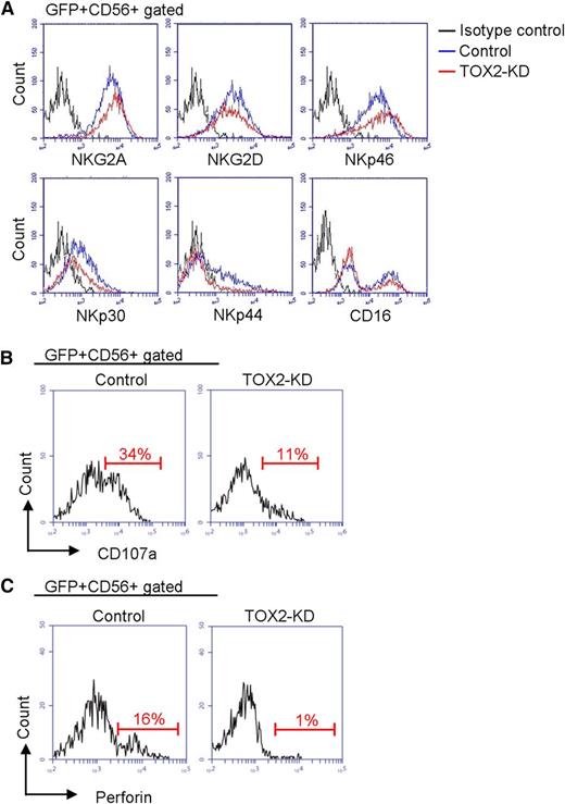Figure 3. TOX2-KD effects on receptor acquisition, degranulation function, and perforin expression. (A) Control or TOX2-KD–transduced CD34+ cells were subjected to in vitro NK cell differentiation. Flow cytometry was performed on day 17 to analyze the expression of various inhibiting and activating surface receptors (NKG2A, NKG2D, NKp46, NKp30, NKp44, and CD16) on the GFP+CD56+ cell population. Results are representative of 3 independent experiments. (B) CD107a mobilization on K562 stimulation in the GFP+CD56+ cell population was analyzed by flow cytometry. Results are representative of 3 independent experiments. (C) Expression of perforin was compared between control and TOX2-KD GFP+CD56+ cells on day 17 by flow cytometry. Results are representative of 3 independent experiments.