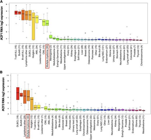 Figure 4. Gene expression analysis of IKZF1 and IKZF3 across cell lines originated from multiple hematological and solid tumors. The number of cases of each tumor entity is indicated in parenthesis. Red boxes indicate the set of MM cell lines. Results show IKZF1 (A) and IKZF3 (B) expression in most cell lines established from hematological tumors. The findings in hematological neoplasms contrast with the lack of expression of both genes found in solid-tumor cell lines. AML, acute myeloid leukemia; B-ALL, B-cell acute lymphoblastic leukemia; CML, chronic myeloid leukemia; T-ALL, T-cell acute lymphoblastic leukemia; MCL, mantle cell lymphoma; DLBCL, diffuse large B-cell lymphoma; MM, multiple myeloma.26,27