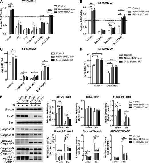 Figure 6. BMSC-derived exosomes induce drug resistance of MM cells to bortezomib. (A) 5T33MMvt cells in serum medium were treated with naive or 5T33 BMSC-derived exosomes (40 μg/mL) in the absence or presence of JNJ (20 nM) and Dox (4 μM), and indicated concentration of Btz for 48 hours and cell viability was measured. (B) 5T33MMvv cells in serum medium were cultured with naive or 5T33 BMSC-derived exosomes (40 μg/mL) in the absence or presence of Btz for 24 hours, and cell viability was evaluated. (C) 5T33MMvt cells in serum medium were treated with naive or 5T33 BMSC-derived (40 μg/mL) exosomes in the absence or presence of different concentration of Btz for 48 hours, and the percentage of living cells was determined using fluorescence-activated cell sorter staining. (D) 5T33MMvv cells in serum medium were treated with naive or 5T33 BMSC-derived exosomes (40 μg/mL) in the absence or presence of Btz (1.75nM), and the percentage of living cells was measured using fluorescence-activated cell sorter staining. (E) 5T33MMvt cells in serum medium were treated with naive or 5T33 BMSC-derived exosomes (40 μg/mL) in the absence or presence of Btz (2 nM), and apoptosis-related proteins Bcl-2, Bax, caspase-8, caspase-9, caspase-3, and PARP were detected using western blot. The pixel densities of the proteins were quantified from 3 independent experiments and presented by histograms in the right panel. Mean values ± standard deviations for 3 independent experiments are shown.*P < .05; **P < .01; ***P < .001. Cl, cleaved; Fl, full-length; cas-3, caspase-3; cas-8, caspase-8; cas-9, caspase-9.