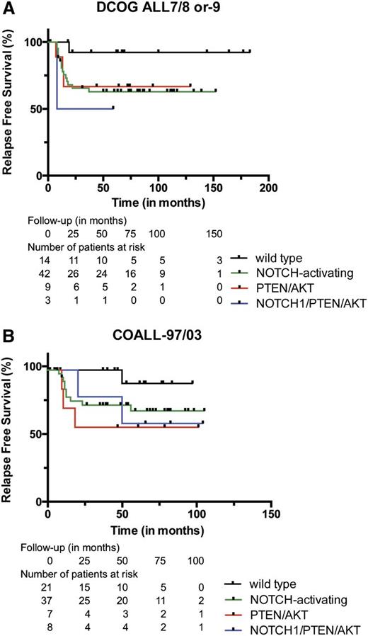 Figure 5. T-ALL patients lacking PTEN/AKT mutations and NOTCH-activating mutations have a good outcome. RFS curves for T-ALL patients treated on (A) Dutch DCOG ALL7/8 or 9 protocols or (B) German COALL-97/03 protocols. Green line: NOTCH-activating mutations including mutations in NOTCH and FBXW7; red line: PTEN-inactivating or AKT-activating mutations; blue line: NOTCH-activating mutations and PTEN-inactivating or AKT-activating mutations combined; black line: wild type for NOTCH/FBXW7 and PTEN/AKT. Tick marks in figures refer to patients that are lost from further follow-up. The numbers of patients included at various time points in these studies are shown.
