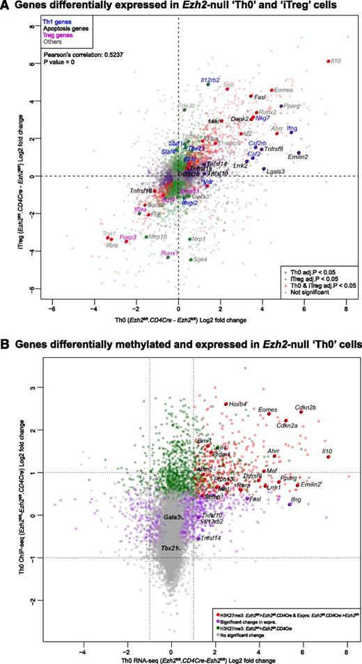 Figure 4. Association of genes regulated by Ezh2 and trimethylation of histone 3 lysine 27. (A) Gene expression in Ezh2fl/fl.CD4Cre Th0 vs iTreg cells, relative to Ezh2fl/fl cells. Each point represents a single gene. Red dots denote genes significantly differentially expressed (FDR adjusted P < .05) in both Th0 and iTreg cells; green dots denote genes only differentially expressed in iTreg cells; purple dots denote genes only differentially expressed in Th0 cells. Selected genes belonging to relevant gene sets are named. (B) Change in expression in Ezh2fl/fl.CD4Cre Th0 cells relative to Ezh2fl/fl vs change in H3K27me3 of Ezh2fl/fl Th0 cells relative to Ezh2fl/fl.CD4Cre. Each point represents a single gene. Red dots denote genes significantly less methylated in Ezh2fl/fl.CD4Cre and upregulated; green dots denote genes significantly less methylated in Ezh2fl/fl.CD4Cre but not differentially expressed; purple dots denote genes significantly differentially expressed with no change in H3Kme3; gray dots denote genes that do not show a significant change in either expression or H3K27me3. (C-D) ChIP-qPCR showing H3K27me3 and H3K4me3 marks at Th1, Th2, and control loci. Data shown are mean ± SEM of 3 independent experiments (paired Student t test: *P < .05, **P < . 01).