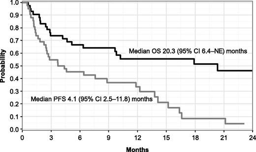 Figure 2. PFS and OS by the Kaplan-Meier method in response-evaluable patients (N = 42). NE, not estimable.