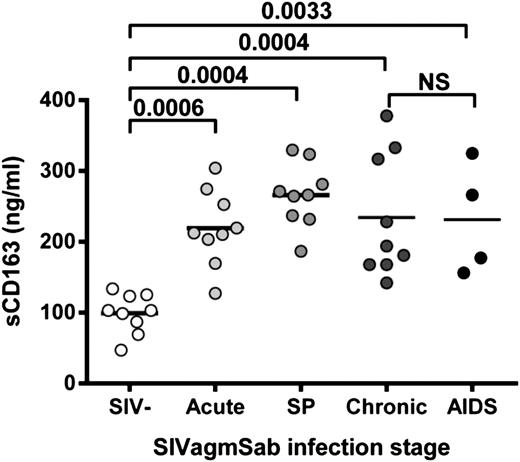 Figure 5. Significant increase of sCD163 levels during acute and chronic SIVagm infection in PTMs.