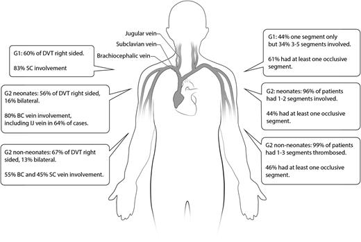 Figure 1. Thrombosis distribution, laterality, and number of affected segments per group. BC, brachiocephalic vein; IJ, internal jugular vein; SC, subclavian vein.