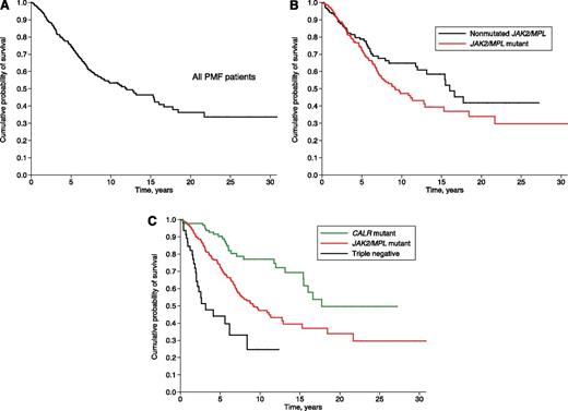 Figure 7. Kaplan-Meier analysis of survival of PMF patients stratified according to their genotype, as it was known in different time periods. (A) OS of the whole population of PMF patients: the genetic basis of MPNs was unknown before 2005, and therefore no genotypic subgroup could be defined. (B) PMF patients stratified according to JAK2 or MPL mutation status: these mutant genes where identified in 2005 and 2006, respectively. (C) PMF patients stratified according to JAK2, CALR, or MPL mutation status: somatic mutations of calreticulin were identified in 2013.