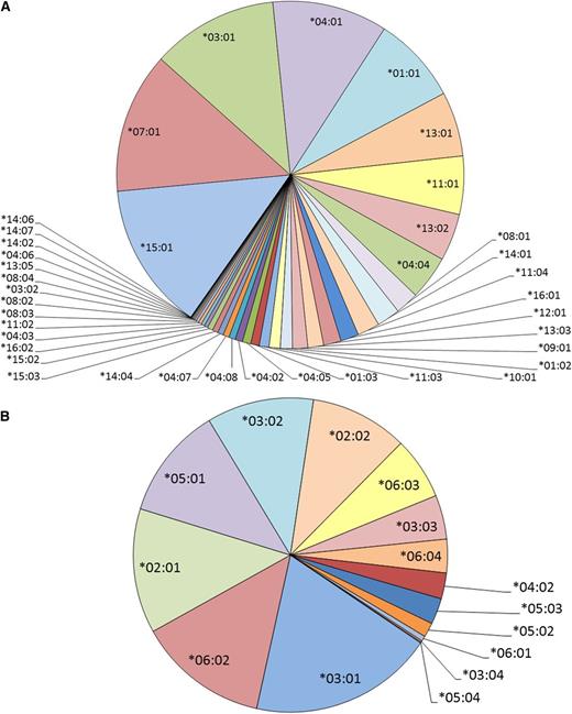 Figure 2. HLA class II allele imputations resulted in 54 unique class II HLA alleles in patients. The imputation of HLA-DRB1 alleles within the combined data sets (n = 1870) resulted in (A) 39 unique HLA-DRB1 alleles and (B) 15 unique HLA-DQB1 alleles of varying allele frequency.