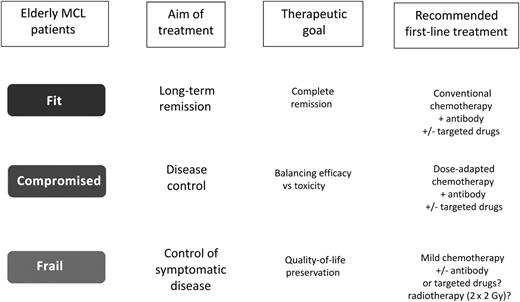 Therapeutic recommendations for elderly MCL patients according to geriatric assessment.