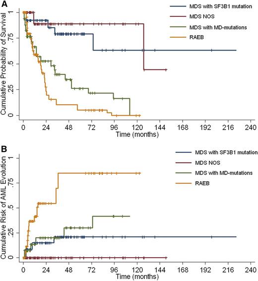 Figure 2. Survival and risk of leukemic evolution of patients with MDS classified according to the clusters resulting from the unsupervised analysis including WHO classification criteria and mutation patterns. (A) Overall survival and (B) risk of AML evolution of MDS patients clustered as follows: MDS associated with SF3B1 mutation; MDS with MD–associated mutations; MDS NOS; and MDS with excess blasts (RAEB).