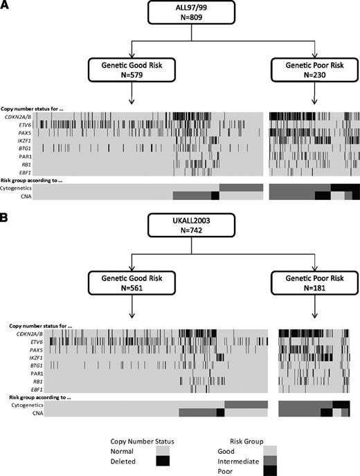 Figure 3. Cytogenetic and CNA landscape of novel genetic risk groups. Diagrams depicting the relationship between genetic risk, cytogenetic risk, CNA risk groups, and the copy-number status of 8 key genes/regions for patients treated on ALL97/99 (A) and UKALL2003 (B).