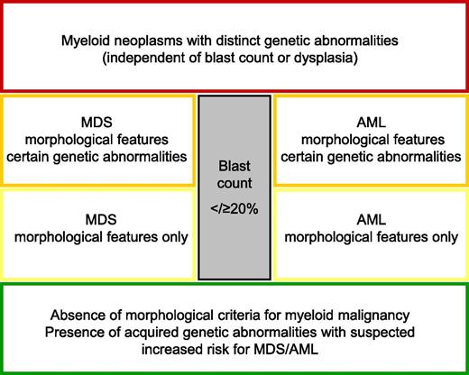 Proposal for a “work-in-progress concept” to classify myeloid malignancies until all questions are answered by genetic information.