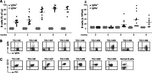 Figure 1. Leukemia development in Eμ-TCL1/IgPtC transgenic mice. (A) The percentage and absolute number of B cells in the peripheral blood of Eμ-TCL1/IgPtC transgenic mice (n = 15) are shown in panels Ai and Aii, respectively. B cells that express only an endogenous HC (IgMa−) are indicated by empty circles, whereas B cells that express only the transgenic HC (IgMa+) or coexpress the transgenic and an endogenous HC are indicated by filled circles. Each circle represents the value for an individual mouse at the indicated time point; horizontal lines represent mean values. Two mice died of leukemia between 6 and 8 months and 3 between 8 and 9 months of age. (B) Flow cytometry analysis of surface IgMa and IgMb expression in representative leukemias. Analysis was performed on the lymphocyte gate. (C) Flow cytometry analysis of leukemic cells stained with PtC-liposomes and anti-CD19. B cells obtained from the spleen of a normal mouse were used as a negative control.