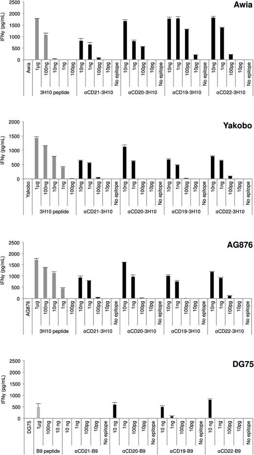Figure 4. B lymphoma cells can present antigen targeted by AgAbs to CD4+ T cells. T-cell recognition assays were performed using B lymphoma cell lines HLA-matched for CD4+ T cells specific to either the EBNA3C 3H10 or EBNA3B B9 epitope. B lymphoma cells including Awia, Yakobo, AG876, and DG75 were incubated with various amounts of αCD-21, -20, -19, or -22 antibodies. B lymphoma cells were incubated for 1 hour with appropriate peptide controls (100 pg, 1 ng, 10 ng, 100 ng, and 1 μg, corresponding to 500 pg/mL, 5 ng/mL, 50 ng/mL, 500 ng/mL, and 5 μg/mL, respectively; gray bars) or for 24 hours with either medium only, or with antibodies containing epitopes (10 pg, 100 pg, 1 ng, and 10 ng, corresponding to 50 pg/mL, 500 pg/mL, 5 ng/mL, and 50 ng/mL, respectively) or containing no epitopes (10 ng, corresponding to 50 ng/mL). EBV epitope–specific CD4+ T cells were incubated with these target cells at an E:T cell ratio of 2:1. T-cell activity was determined after 18 hours by measuring IFN-γ secretion by ELISA. Results are given in picograms/milliliter. For each chart, data represent triplicate values and error bars indicate standard deviations. One representative experiment of at least 3 is shown.