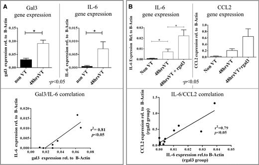 Figure 4. Gal3/IL-6 and IL-6/CCL2 correlations in VT. (A) Gal3 and IL-6 gene expression in the IVC of non-VT (n = 4) and 48 hours VT (n = 3) mice. Shown below is the correlation between gal3 and IL-6 gene expression in individual mice. (B) IL-6 and CCL2 gene expression in the IVC of non-VT (n = 4), 48 hours VT (n = 3), and 48 hours VT mice that were treated with recombinant human gal3 (n = 4). Shown below is the correlation between IL-6 and CCL2 expression in individual mice.