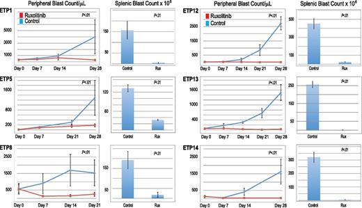 Figure 5. Efficacy of ruxolitinib in xenograft models of ETP-ALL. Peripheral blood blast count over time and splenic blast count at death in ETP-ALL xenografts. Graphed are means and standard deviations with absolute blast count on the vertical axis and days of treatment on the horizontal axis.