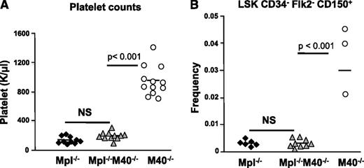 Figure 6. The effect of M40 on HSCs is mediated through Tpo/Mpl. (A) Peripheral blood platelet counts in Mpl−/−, M40−/−, and Mpl−/−M40−/− mice. (B) Phenotypic LT-HSC frequencies in Mpl−/−, M40−/−, and Mpl−/−M40−/− mice as determined by CD34−Flk2−CD150+LSK surface markers. Each symbol represents an individual mouse. The mean in each group is indicated by horizontal lines. P value is calculated by the Student t test.