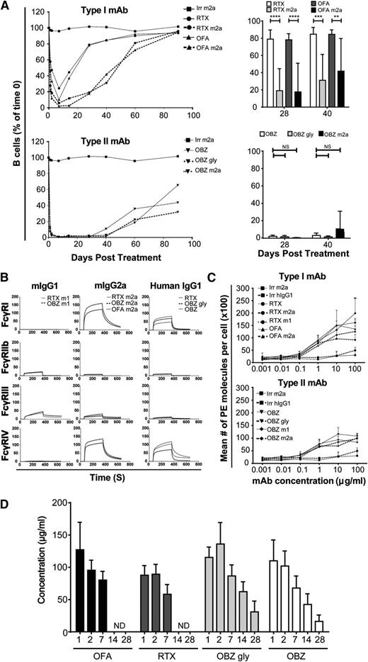 Figure 1. In vivo depletion using human and mouse type I and II antibodies. (A) Left panels show that transgenic hCD20 mice were administered 250 µg anti-CD20 by tail-vein injection and the percentage of circulating B220, CD19+ B cells measured over 90 days (n = 4). Right panels show statistical comparison of human vs mouse isotype mAbs at days 28 and 40. Statistical analyses were carried out using 2-way ANOVA with multiple comparisons and significance was accepted at ****P < .0001, ***P < .001, and **P < .01. (B) SPR analysis of anti-human CD20 mAbs (hIgG1, mIgG1, and mIgG2a) binding to mouse FcγRI, IIb, III, and IV. Recombinant, soluble FcγR proteins were passed over mAbs immobilized at 2000 RU. Sensorgrams are shown. (C) Binding comparison of type I and II anti-CD20 mAbs to transgenic hCD20 B cells. Cells were opsonized with 0.001 to 100 µg/mL anti-CD20 mAbs and analyzed by flow cytometry. The mean number of phycoerythrin (PE) molecules per cell was quantified by indirect staining with anti-mouse or anti-human Fc PE-conjugated F(ab′)2 and comparison of the geometric mean fluorescent index with BD QuantiBRITE beads. (D) The concentration of anti-CD20 mAbs in the sera of mice administered 250 µg of human IgG1 mAbs was determined by enzyme-linked immunosorbent assay; n = 4 mice per group. ND, not detectable. Bars represent mean ± standard deviation. Irr, WR17; OFA, ofatumumab; RTX, rituximab.
