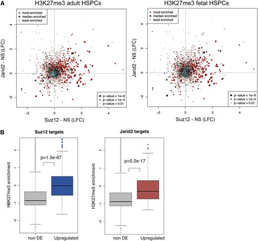 Figure 6. Suz12 and Jarid2 share common H3K27me3-marked target genes in HSPCs. (A) Plots comparing gene expression profiles (shown as LFC) of Suz12-depleted (x-axis, n = 4 samples) vs Jarid2-depleted (y-axis, n = 7 samples) HSPCs compared with separate NS controls (n = 2 to 3) using RNA-seq data shown in Figure 5. Each dot represents a gene, with the size of the dot corresponding to significance of differential expression and the color corresponding to the rank of the H3K27me3 enrichment (adult HSPCs at left, fetal HSPCs at right). The enrichment of the gene ranked halfway through the list (median H3K27me3 enrichment) is gray and the genes that are H3K27me3-enriched or -depleted are colored increasingly red or cyan, respectively. Larger dots, indicating more significant differences in expression, are predominantly found for genes that are red (most H3K27me3 enriched), and these are generally upregulated in both Jarid2 and Suz12 knockdown compared with negative controls (upper right quadrant). (B) Box plots showing that genes that are upregulated when Suz12 and Jarid2 are depleted are enriched for H3K27me3 (log2 H3K27me3/input) using adult HSPC H3K27me3 ChIP-seq data. Genes were divided into those that were upregulated in Suz12 (at left) or Jarid2 (at right) knockdown HSPCs compared with controls (positive LFC; P < .01) or those that were not differentially expressed by Suz12 or Jarid2 knockdown (non DE; P > .01). These genes were scored for their H3K27me3 enrichment in adult HSPCs (y-axis). There was a significantly higher H3K27me3 enrichment for genes that are upregulated compared with genes not differentially expressed after both Suz12 knockdown (P = 1.5 × 10−67) and Jarid2 knockdown (P = 5.2 × 10−17).