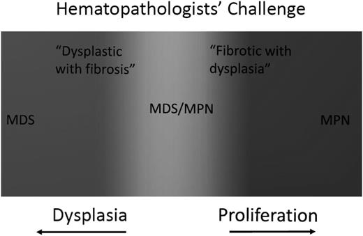Figure 1. Classically, chronic myeloid malignancies are either proliferative or dysplastic. MDS/MPN that harbor hybrid characteristics of both MDS and MPN (overlap syndromes), represent a spectrum of different disorders.