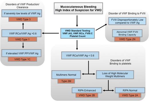 Figure 3. Diagnostic algorithm. Algorithm of the diagnostic approach to mucocutaneous bleeding with a high clinical suspicion for VWD. The initial diagnosis is based on VWF:Ag, VWF:RCo, and FVIII:C whereas different types are diagnosed based on specialized tests. Specific groupings are based on the underlying pathophysiology of different VWD types. RIPA, ristocetin induced platelet aggregation.