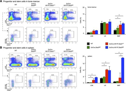 Figure 4. Flow cytometry analysis of hematopoietic stem cells and early megakaryopoietic progenitors. Mice were euthanized 25 weeks after starting tamoxifen. (A) Analysis of bone marrow cells with flow cytometry scattergrams showing the gating strategy in lineage depleted samples (left). LSK, lineage−Sca1+ckit+ cells; LK, lineage−Sca1−ckit+; megakaryocytic progenitors (MkPs), lineage−Sca1−ckit+/CD150+CD41+. Histograms of the means of hematopoietic progenitors from bone marrow ± SEM (n = 2 mice per genotype) (right). (B) Analysis of spleen cells, annotation as in A. One-way ANOVA with subsequent Bonferroni post-test was used, and *P < .05 is indicated.
