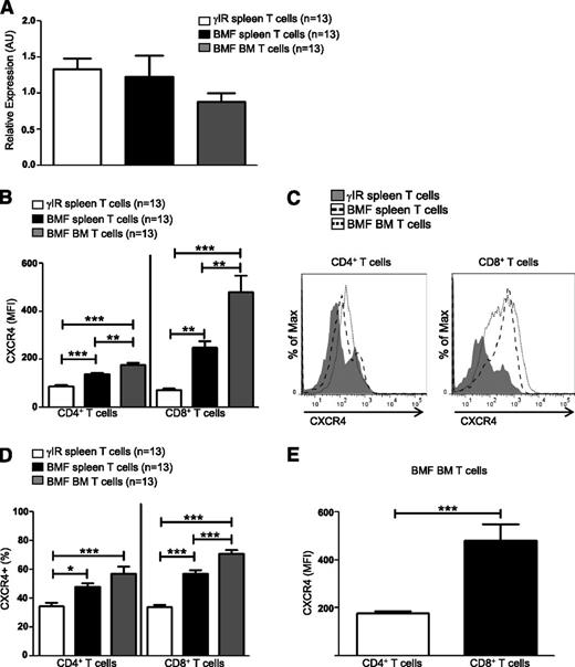 Figure 1. CXCR4 is highly expressed on T cells of AA mice. F1 hybrid mice were irradiated only (γIR control) or AA was induced with 5 × 107 WT C57BL/6 splenocytes. Mice were sacrificed on day +17 postdisease-induction and T cells were isolated. (A) Relative expression of Cxcr4 transcript levels in T cells from spleens (BMF spleen) and BM (BMF BM) of AA mice were determined by quantitative PCR and compared with expression in T cells of spleens (γIR spleen) from irradiation controls; n = 13 mice per group. (B) Median fluorescence intensity (MFI), a measure of CXCR4 protein expression, on spleen and BM T cells of AA mice was determined by flow cytometry and compared with expression on spleen T cells of irradiated controls; n = 13 mice per group. (C) Representative comparative histograms of CXCR4 MFI on T cells from spleens and BM from (B). (D) Percent CXCR4 positive T cells on T cells from spleens and BM of AA mice, compared with T cells isolated from spleens of irradiation controls; n = 13 mice per group. (E) Comparison of CXCR4 expression on BM-infiltrating CD4+ and CD8+ T cells of AA mice; n = 13 mice per group. Data represent the mean ± SEM, and were analyzed by one-way ANOVA plus Tukey post-test (A-B,D), or two-tailed unpaired Student t test (E). *P < .05; **P < .01; ***P < .001.