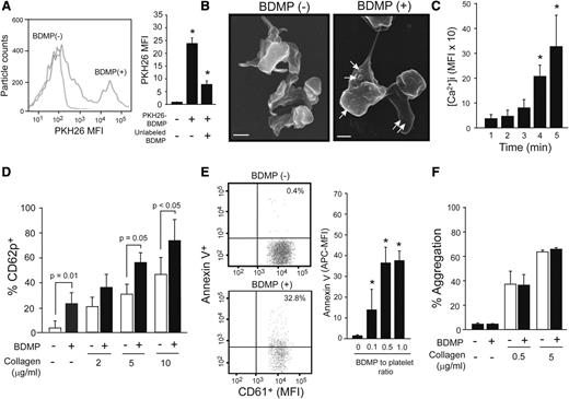 Figure 5. Effect of BDMPs on platelets. (A) Human platelets incubated with PKH26-labeled BDMPs and a CD61 antibody (10 minutes at 37°C) were gated on CD61 positivity and analyzed for PKH26 fluorescence by flow cytometry (1-way ANOVA, n = 12, *P < .01 compared with baseline). (B) Scanning electron microscopic images of platelets immobilized onto fibrinogen and incubated with either (left) PBS (bar = 1 μm) or (right) BDMPs (bar = 1 μm). (C) Calcium influx in platelets incubated with 25 000/μL BDMPs for the indicated times (n = 6, repeated-measures ANOVA, *P < .001, the values are after background subtraction). (D) CD62p expression was measured on platelets incubated with 25 000/μL BDMPs for 30 minutes at 37°C in the presence and absence of type I collagen (n = 6, paired t test). (E) Annexin V binding to platelets (CD61+) treated with BDMPs was measured by flow cytometry (n = 6, 1-way ANOVA, *P < .001 compared with baseline). (F) Human platelets were monitored for aggregation in an optical aggregometer after 25 000/μL BDMPs were added to 100 μL PRP with and without collagen (n = 6, paired t test).