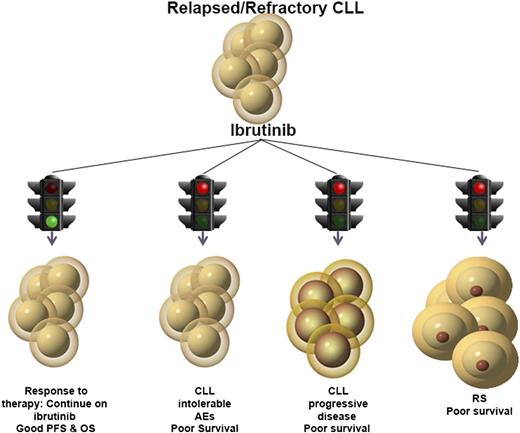 Possible outcomes after ibrutinib discontinuation. Patients who discontinued ibrutinib have a very poor prognosis and OS independent of the reason for discontinuation. AEs, adverse events; PFS, progression-free survival.